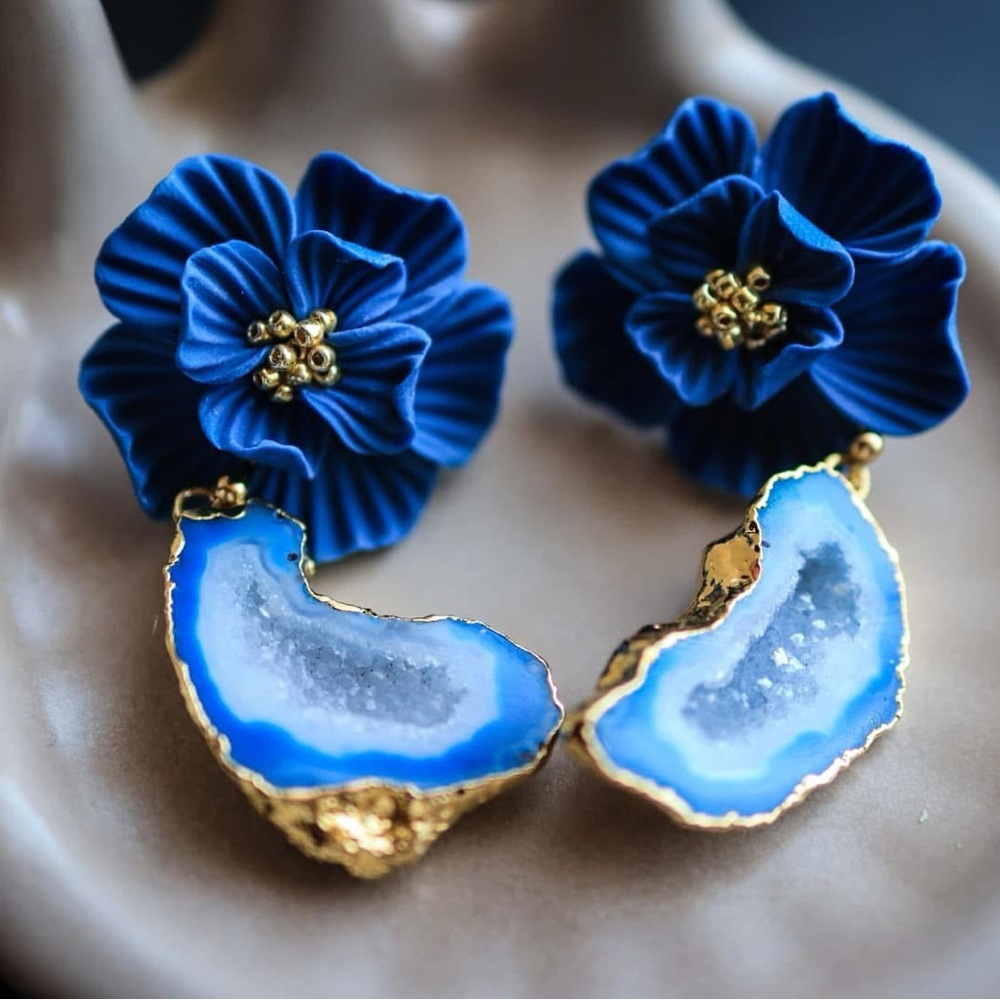 Navy and Gold Geode Floral Earrings